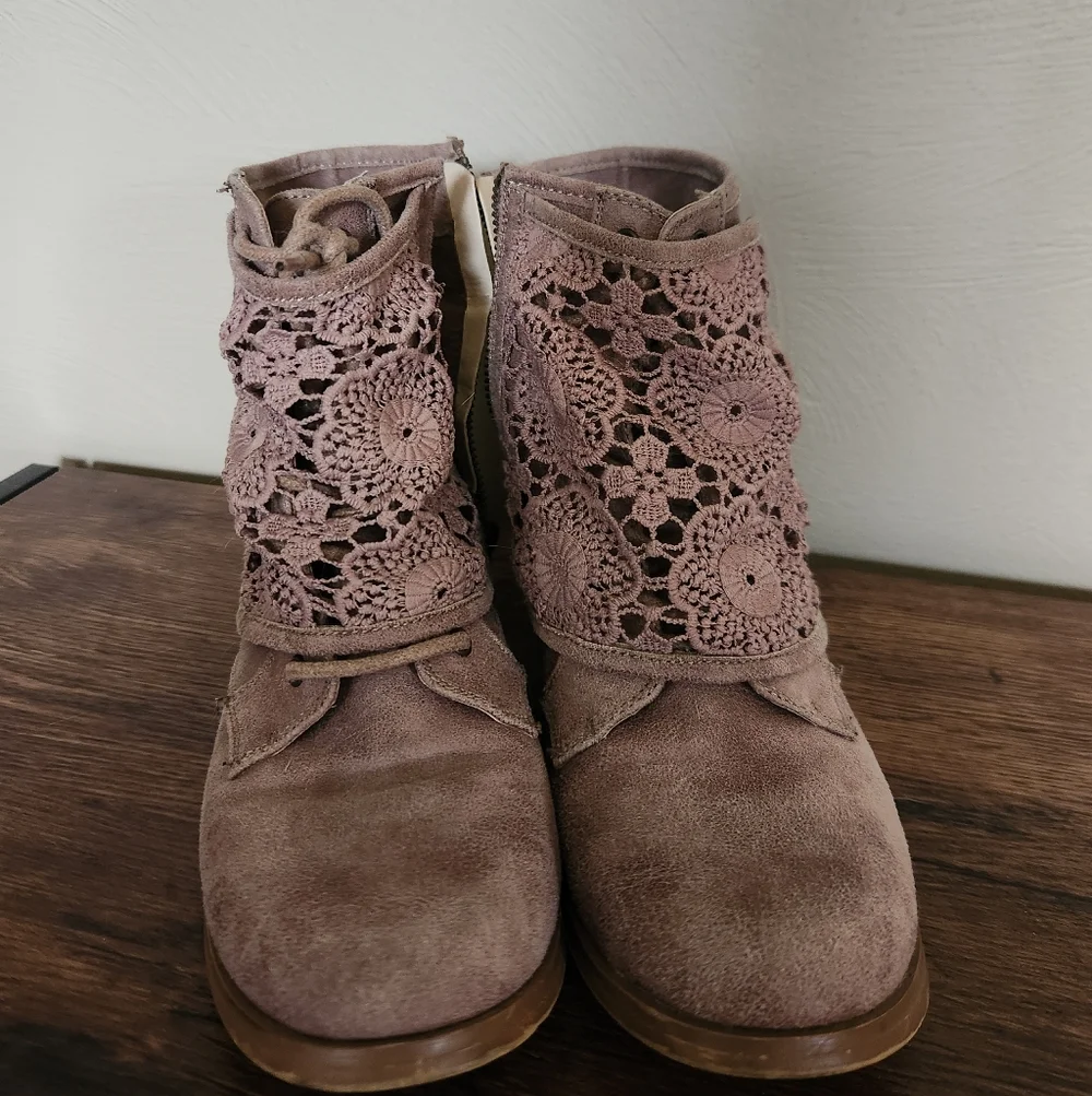 Not Rated Brown Crochet Lace Suede-Look Ankle Booties